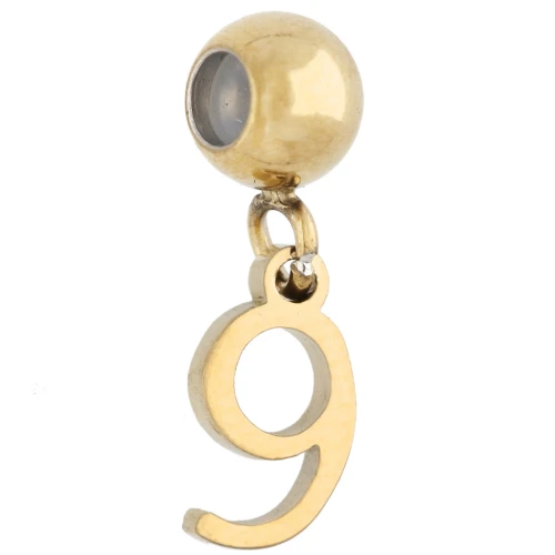 Cuenta pasante de 5 mm con dije con el número 9 - Acero inoxidable 304 Dorado x1