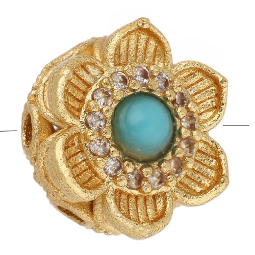 Cuenta en forma de flor de 10 mm con varios orificios, imitación de piedra preciosa y circonitas - Dorado en oro fino