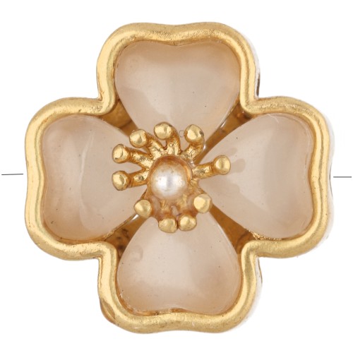 Cuenta en forma de trébol con pistilo, de 13 mm, con varios agujeros y cabujones de imitación de nácar - Dorado con oro fino