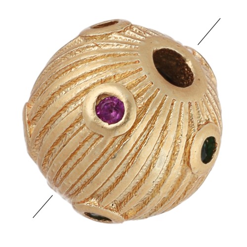 Cuenta redonda estriada de 7 mm y óxidos de circonio - Dorado con oro fino - Fucsia - Verde