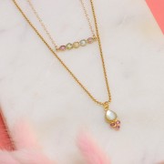 Colgante en forma de gota de 18 x 7 mm con piedra preciosa, chapado en plata fina - Nácar y calcedonia rosa