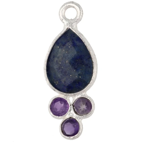 Colgante en forma de gota de 18 x 7 mm con piedra preciosa y baño plateado: lapislázuli y amatista