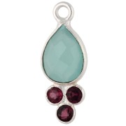 Colgante en forma de gota de 18 x 7 mm con piedra preciosa - Chapado en plata fina - Calcedonia y granate