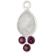 Granate - Colgante en forma de gota de 18 x 7 mm con piedra preciosa y baño de plata fina: piedra lunar y granate Colgante en forma de gota de 18 x 7 mm con piedra preciosa y baño de plata fina: piedra lunar y granate
