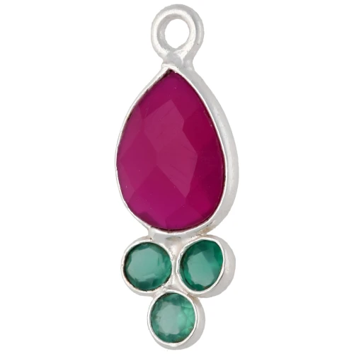 Colgante en forma de gota de 18 x 7 mm con piedra preciosa y baño de plata fina: calcedonia rosa y ónix verde