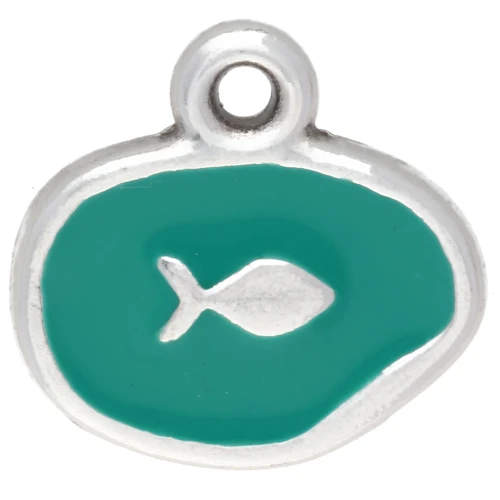 Dije ovalado irregular de 13 mm - pez - Chapado en plata envejecida - Verde turquesa