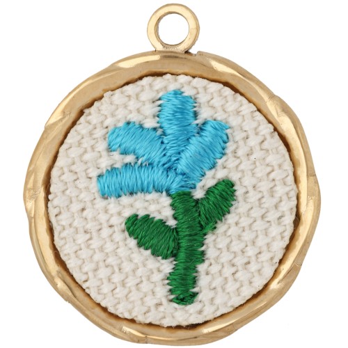 Colgante redondo bordado de 23 mm - motivo floral - Acero inoxidable 304 Dorado x1