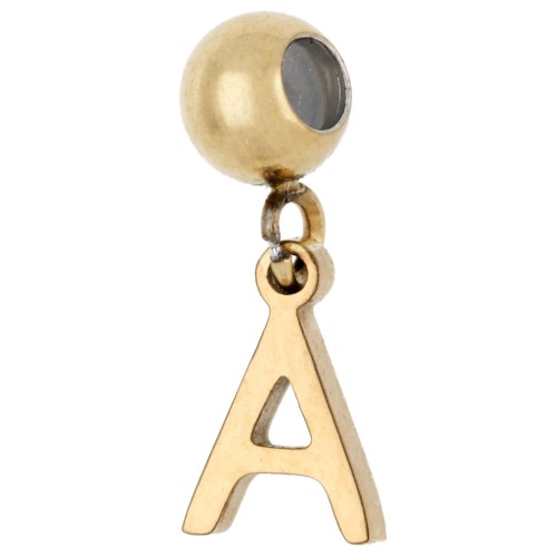 Cuenta pasante de 5 mm con dije con la letra A - Acero inoxidable 304 dorado x1