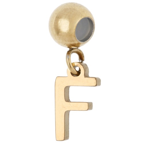 Cuenta pasante de 5 mm con dije con la letra F - Acero inoxidable 304 Dorado x1