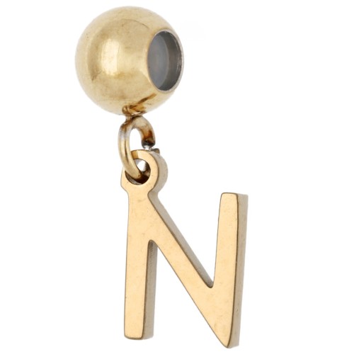 Cuenta pasante de 5 mm con dije con la letra N - Acero inoxidable 304 dorado x1