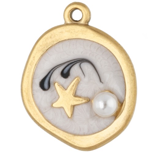 Dije redondo irregular de 20 x 16 mm - motivo de estrella - Acero inoxidable 304 Dorado - Blanco