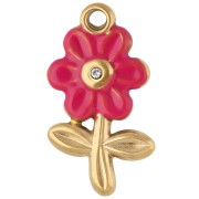 Dije de flor de 18,5 x 10 mm con pedrería y resina epoxi - Acero inoxidable 304 Dorado - Rosa