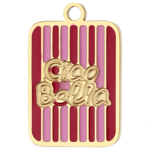 Dije rectangular de 16,5 x 11 mm - Ciao Bella - Acero inoxidable 316L dorado - Rojo - Rosa