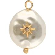 Colgante redondo irregular con imitación de nácar y estrella, 17 x 12 mm, blanco - Dorado en oro fino x1