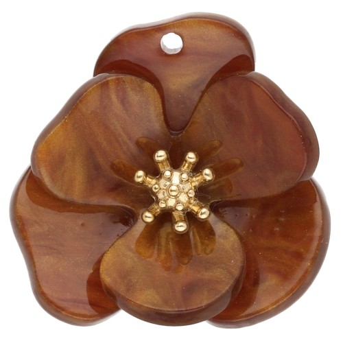 Colgantes de acrílico con forma de flor en relieve de 30 mm - Acero inoxidable Dorado - Marrón veteado x2