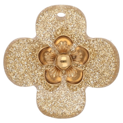 Colgantes de flor de 26 mm de acrílico - Acero inoxidable dorado - Dorado con purpurina x2