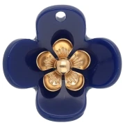 Colgantes de flor de 26 mm de acrílico - Acero inoxidable dorado - Azul oscuro x2