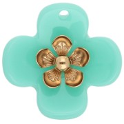 Colgantes de flor de 26 mm de acrílico - Acero inoxidable dorado - Turquesa x2
