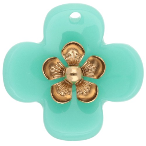 Colgantes de flor de 26 mm de acrílico - Acero inoxidable dorado - Turquesa x2