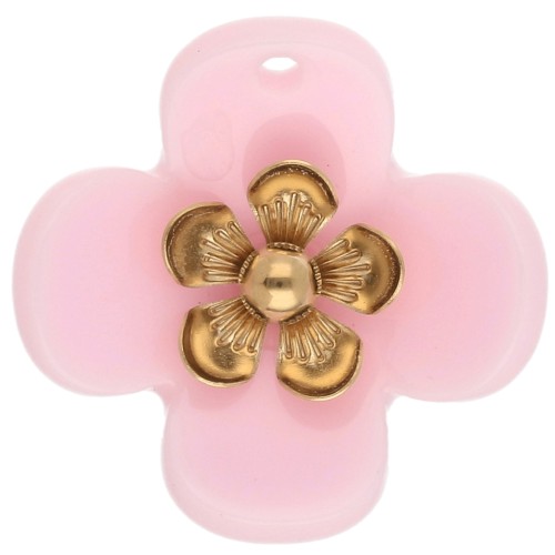Colgantes de flor de 26 mm de acrílico - Acero inoxidable dorado - Rosa claro x2