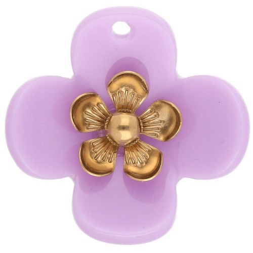 Colgantes de flor de 26 mm de acrílico - Acero inoxidable dorado - Lila x2