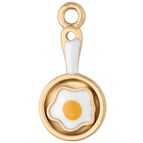 Colgante con forma de sartén y huevo frito, 21 x 10 mm - Acero inoxidable 304 Dorado - Blanco - Amarillo