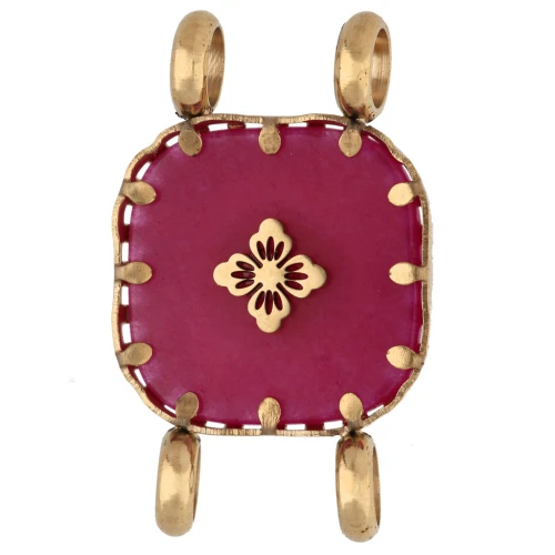 Entrepieza cuadrada de 15 mm con motivo floral, acero inoxidable 304 Dorado - Calcedonia rosa teñida