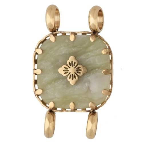 Entrepieza cuadrada de 15 mm con motivo floral - Acero inoxidable 304 Dorado - Jade teñido de color oliva