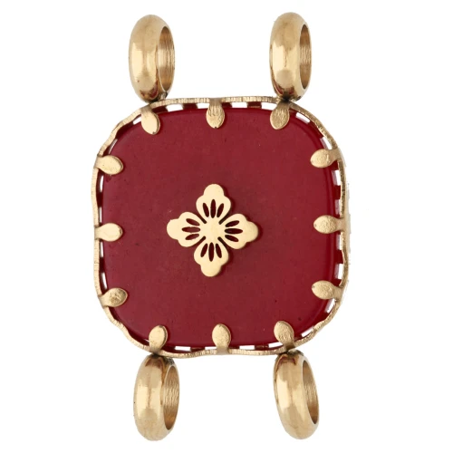 Entrepieza cuadrada de 15 mm con motivo floral - Acero inoxidable 304 Dorado - Ágata roja teñida