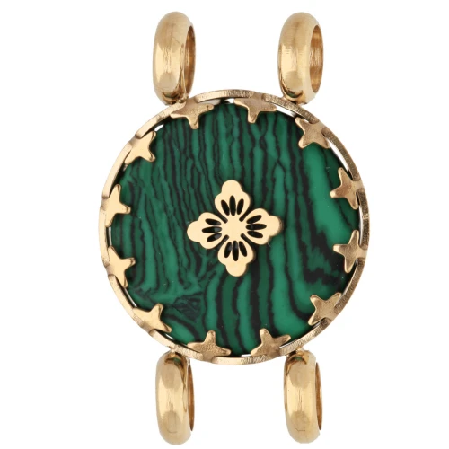 Entrepieza redonda de 15 mm con motivo floral - Acero inoxidable 304 Dorado - imitación de malaquita