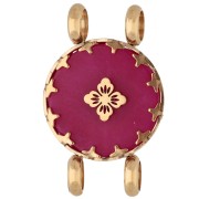 Entrepieza redonda de 15 mm con motivo floral - Acero inoxidable 304 Dorado - Calcedonia rosa teñida