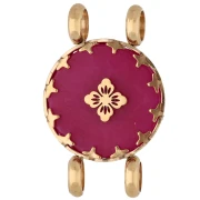 Entrepieza redonda de 15 mm con motivo floral - Acero inoxidable 304 Dorado - Calcedonia rosa teñida