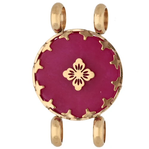 Entrepieza redonda de 15 mm con motivo floral - Acero inoxidable 304 Dorado - Calcedonia rosa teñida