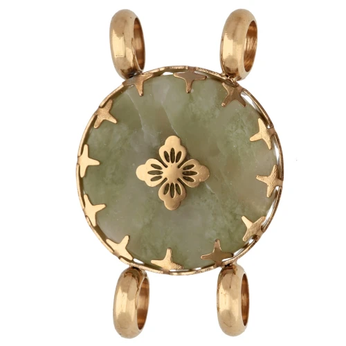 Entrepieza redonda de 15 mm con motivo floral - Acero inoxidable 304 Dorado - Jade teñido de color oliva