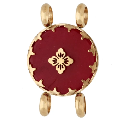 Entrepieza redonda de 15 mm con motivo floral - Acero inoxidable 304 Dorado - Ágata roja teñida