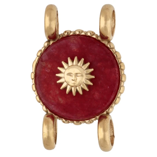 Entrepieza redonda de 14 mm con diseño de sol - Acero inoxidable 304 Dorado - Ágata roja teñida