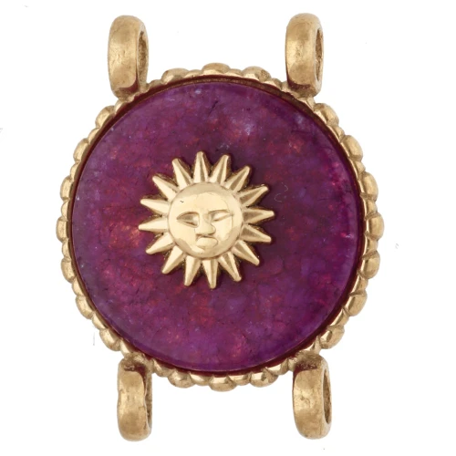 Entrepieza redonda de 14 mm con diseño de sol, acero inoxidable 304 Dorado - Ágata violeta teñida