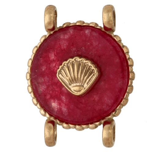 Entrepieza redonda de 14 mm con diseño de concha, acero inoxidable 304 Dorado - Ágata roja teñida