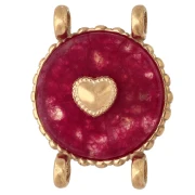 Entrepieza redonda de 14 mm con motivo de corazón - Acero inoxidable 304 Dorado - Ágata roja teñida
