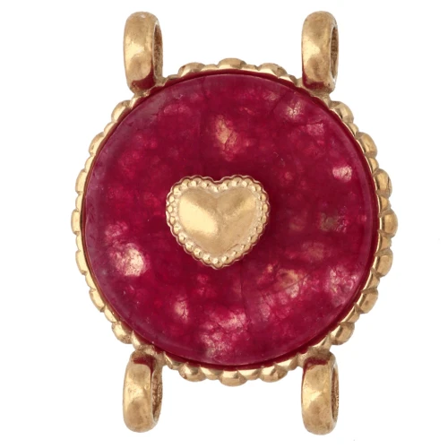 Entrepieza redonda de 14 mm con motivo de corazón - Acero inoxidable 304 Dorado - Ágata roja teñida