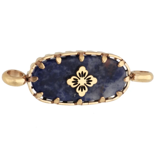 Entrepieza ovalada de 18 x 8 mm con motivo floral - Acero inoxidable 304 Dorado - Lapislázuli teñido