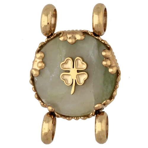 Entrepieza redonda de 14 mm con diseño de trébol - Acero inoxidable 304 Dorado - Jade oliva