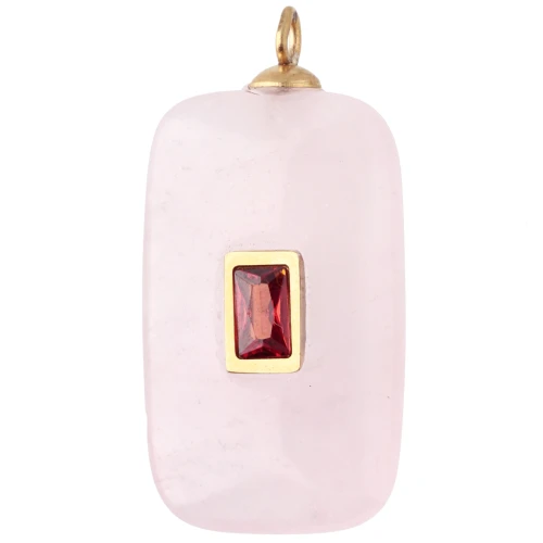 Colgante rectangular de 30 x 15 mm con circonitas rojas y cuarzo rosa, acero inoxidable 304 Dorado