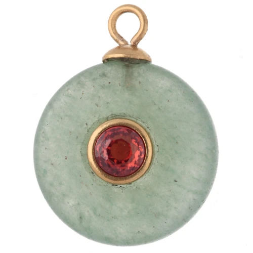 Dije redondo de 15 mm con circonitas naranjas y piedra de aventurina teñida - Acero inoxidable 304 dorado
