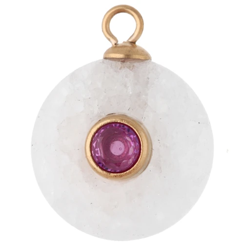 Dije redondo de 15 mm con circonitas rosas y ágata - Acero inoxidable 304 Dorado