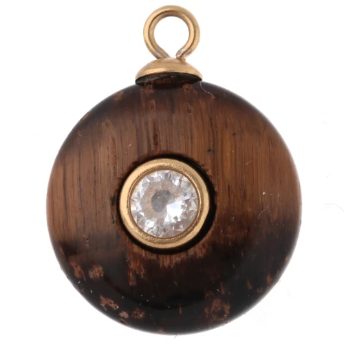 Dije redondo de 15 mm con circonitas y piedra preciosa «ojo de tigre» - Acero inoxidable 304 dorado