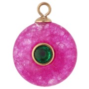 Dije redondo de 15 mm con circonitas verdes y calcedonia rosa teñida, acero inoxidable 304 Dorado