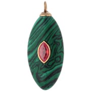 Colgante en forma de lanzadera de 29 x 12 mm con circonitas rojas y imitación de malaquita, acero inoxidable 304 Dorado