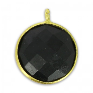 Dije redondo facetado 13x10 mm Plata 925 chapado oro/Black Onyx x1