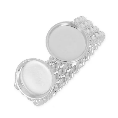 Anilla de latón con dos engastes para cabuchón  fondo plano 8 mm plateado x1